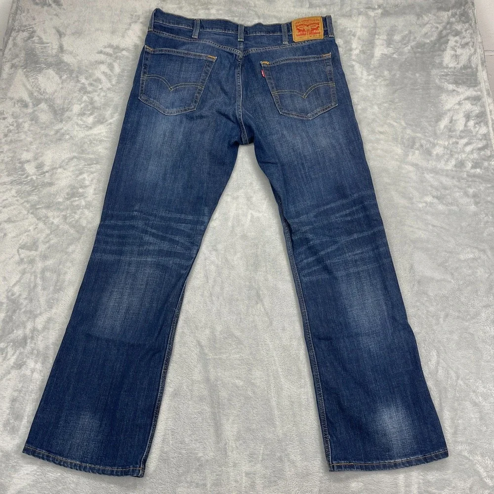 Levi's Jeans Mens 38x32 Blue Denim Faded Whiskered Stretch 527 Slim Bootcut Leg